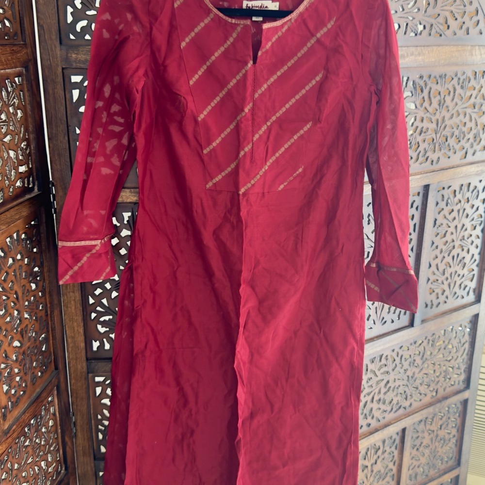 New Fabindia silk Red Long Sleeve Kurta with golden Accents